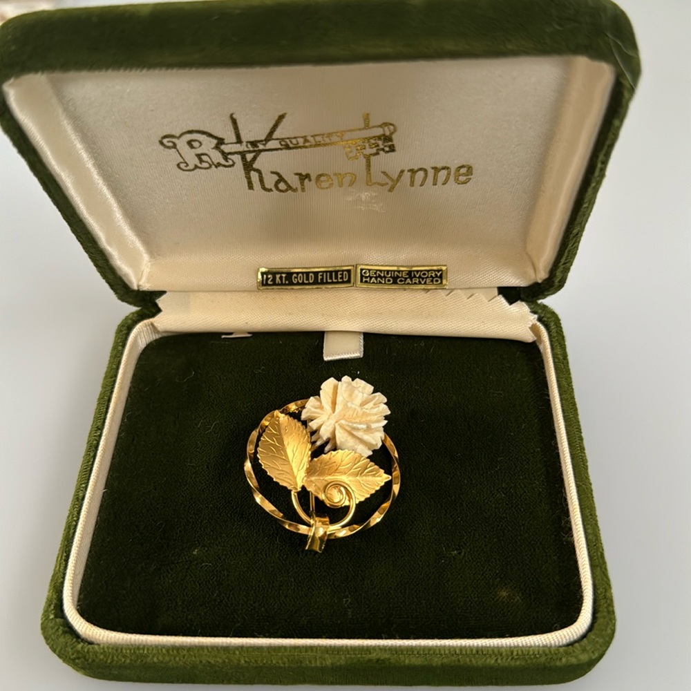 Karen Lynne 12k gold filled Genuine ivory Hand Carved flower brooch